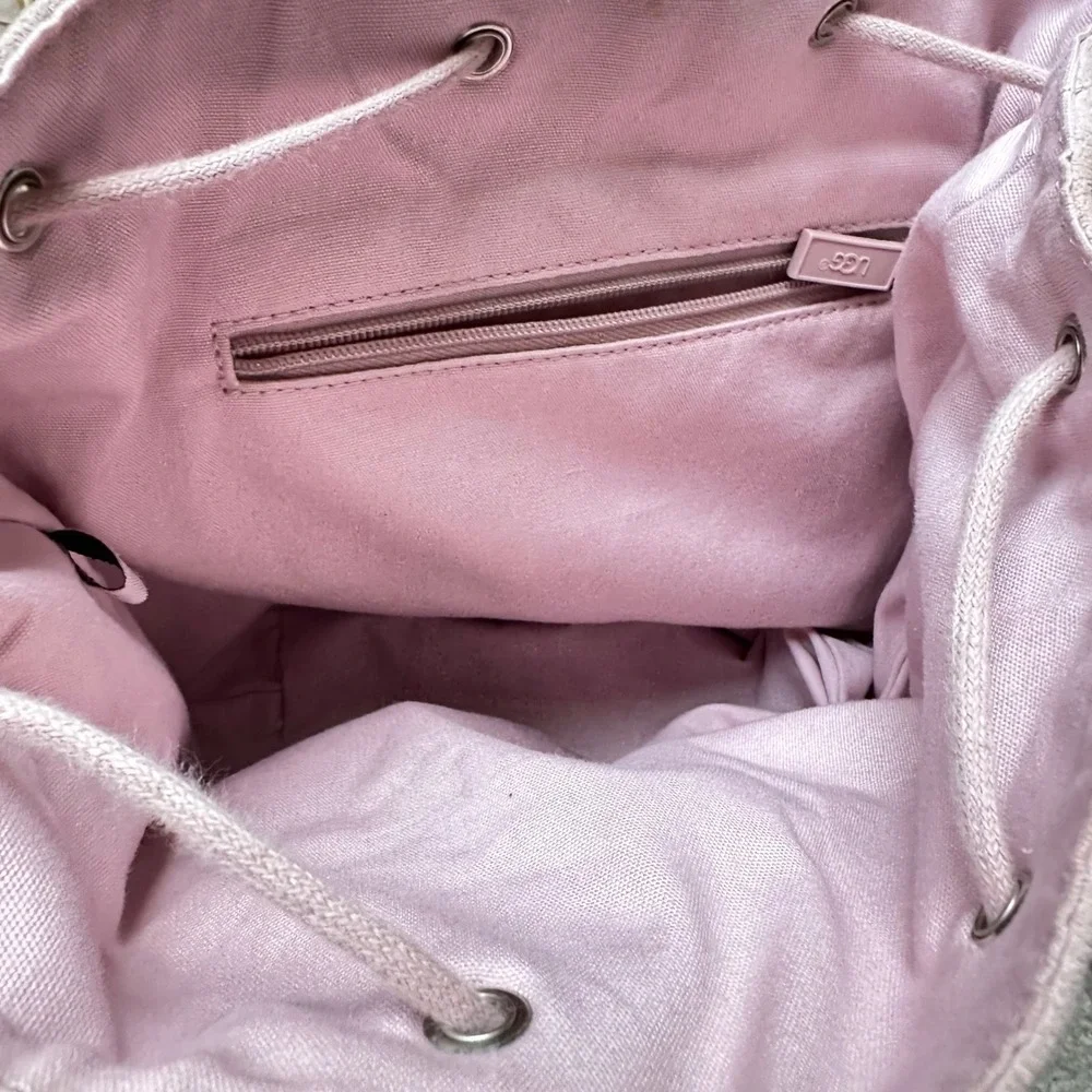 UGG Australia Mini Backpack Pink Suede Shearling‎ Fur Trim Drawstring Bag Small